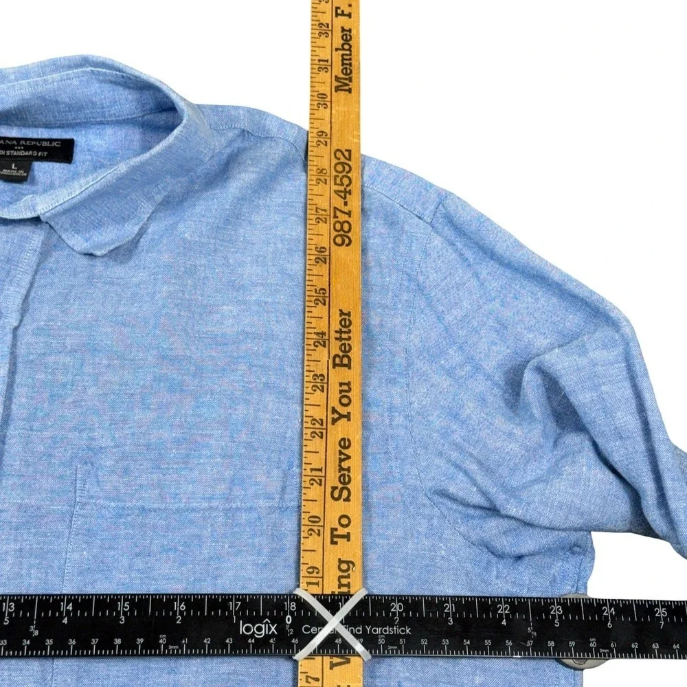 Banana Republic Mens Linen Cotton Shirt L Cascade Blue Chambray Roll Up Sleeve
